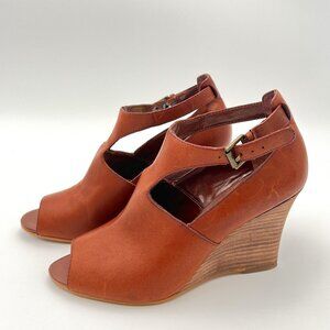 Ralph Lauren Hannie Brown T Strap Peep Toe High Heel Wedge Sandals Leather Sz 6